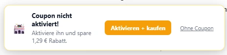 Warnhinweis des Amzly-Plugins auf amazon.de: Coupon nicht aktiviert – aktiviere ihn und spare 1,29 € Rabatt, mit Schaltfläche Aktivieren und kaufen