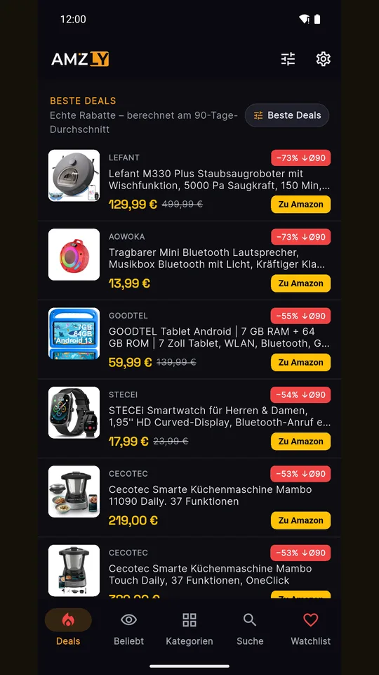 Amzly App für Android: Liste der besten Amazon-Deals mit echten Rabatten gegenüber dem 90-Tage-Durchschnitt