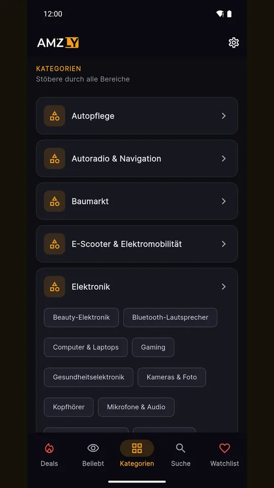 Kategorieübersicht in der Amzly App