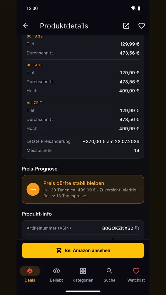 Preisstatistik in der Amzly App mit Durchschnittswerten und historischem Tiefstpreis