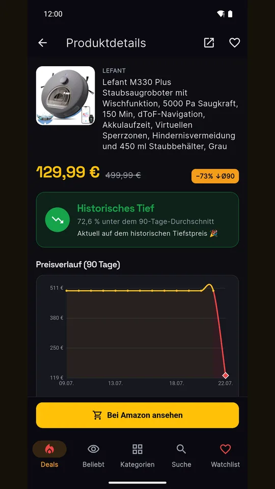 Produktdetails in der Amzly App mit Preisbewertung Historisches Tief und 90-Tage-Preisverlauf