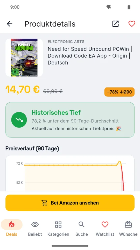 Produktansicht der Amzly App im hellen Design mit Preisbewertung und Merken-Herz