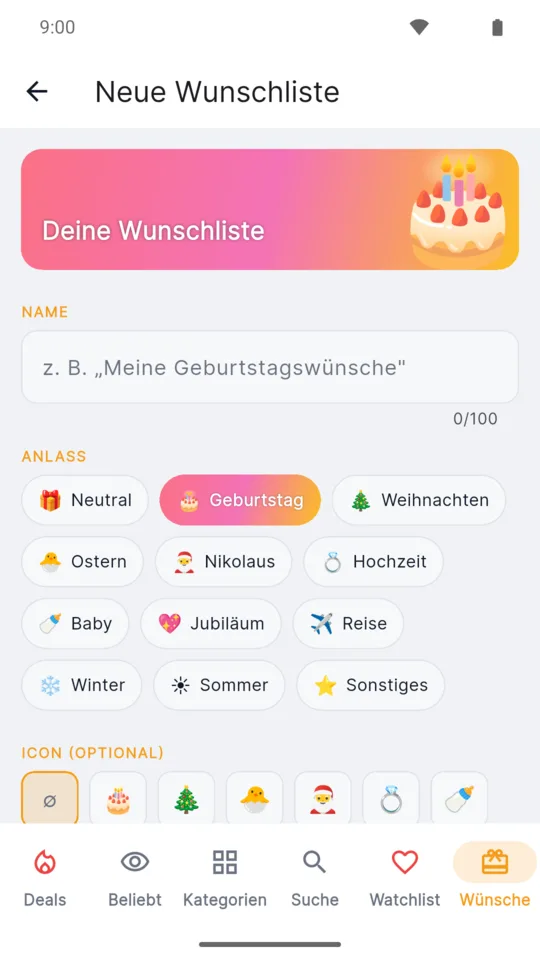 Neue Wunschliste in der Amzly App anlegen: Name, Anlass wie Geburtstag oder Hochzeit und Icon auswählen